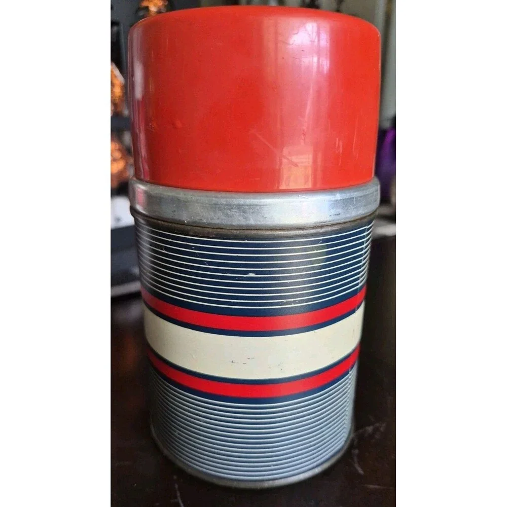 Vintage Sears J C Higgins Metal Vacuum Thermos Red Navy Striped Red Cap 1950s